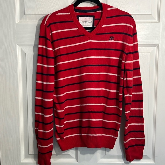 AEROPOSTALE Men’s  Black Red White Striped - V Neck Sweater - Size XL - Picture 1 of 7